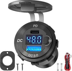 High Voltage USB Outlet 12V 24V 36V 48V 60V Aluminum Car Charger Socket, PD 30W USB C and QC 36W Car USB Port Waterproof Cigarette Lighter Power Adapter DIY Kit with Switch for Ship Truck, etc.