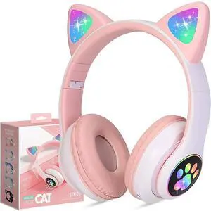 Kids Wireless Headphones Cat Ear LED Light up Bluetooth Foldable Headphones over Ear w/Microphone for Online Distant Learning (Pink)