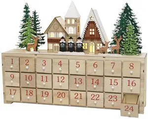 PIONEER-EFFORT Christmas Wooden Advent Calendar House with 24 Drawers Countdown to Christmas Decoration Fill Small Gifts for Kids (14.8'' x 3.15'' x10.63'')