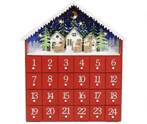 PIONEER-EFFORT Wooden Advent Calendar Red Christmas House with 24 Storage Drawers Gift Organizer with LED Light Holiday Decoration  13.8"x2.48"x11.4"
