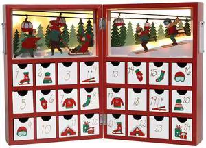 PIONEER-EFFORT Christmas Wooden Advent Calendar Book with 24 Drawers And LED Lighting Christmas Skiing Scenes Red Color Countdown Holiday Gifts Adults Kids Home Decoration