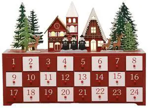 PIONEER-EFFORT Christmas Wooden Advent Calendar House with 24 Drawers Countdown and LED light to Christmas Decoration Fill Small Gifts for Kids (14.8'' x 3.1'' x10.7'')