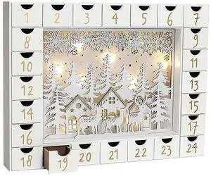 PIONEER-EFFORT Christmas Wooden Advent Calendar with 24 Drawers to Fill Small Gifts Christmas Scene with LED Lights Countdown to Xmas Tabletop Decoration