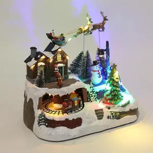 PIONEER-EFFORT Musical Christmas Village Figurines with Spinning Train, Lighted Xmas Collectibles Statues with Santa Sleigh, Battery Christmas Home Gifts Festive Holiday Decor 9.3''×6.3''×8''