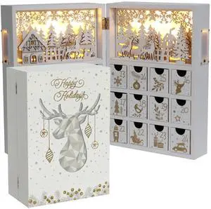 PIONEER-EFFORT Christmas Wooden Advent Calendar Book with LEDs White & Gold Christmas Reindeer Countdown Holiday Gifts with 24 Drawers Adults Kids Home Decoration (White&Gold,with light)
