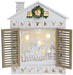 PIONEER-EFFORT Wooden Christmas Advent Calendar House with Blinds Style LEDs Reindeer Forest Xmas Gifts for Adults