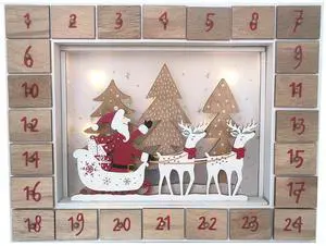 PIONEER-EFFORT Christmas Wooden Advent Calendar with 24 Drawers to Fill Small Gifts Santa and Sleigh Scene with LED Lights Countdown to Christmas Tabletop Decoration
