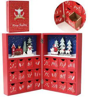 PIONEER-EFFORT Christmas Wooden Advent Calendar Book with Drawers for Adults kids Christmas Countdown Reindeer Decoration 11 Inch (Red&Blue)