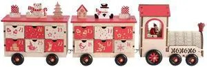 PIONEER-EFFORT 24 Inch Christmas Wooden Advent Calendar Train with 24 Drawers Christmas Countdown Tabletop Decoration (Red and Natural)