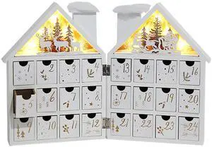 PIONEER-EFFORT Christmas Wooden Winter Scene Advent Calendar Dual-House with 24 Drawers for Adults and Kids, 6 LED Lights Countdown to Christmas Decoration, 4 x AAA Batteries (Not Included)