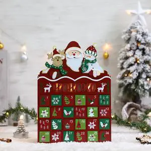 PIONEER-EFFORT Christmas Wooden Advent Calendar with 24 Drawers to Fill Small Gifts Countdown to Christmas Decoration with LED Lights Operated by 2 x AAA Batteries (Not Included)