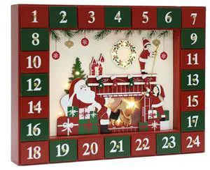 PIONEER-EFFORT Christmas Wooden Advent Calendar with 24 Drawers to Fill Small Gifts Christmas Scene with LED Lights Countdown to Christmas Tabletop Decoration