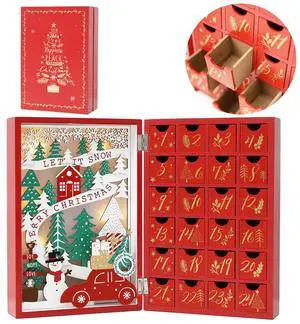 PIONEER-EFFORT Christmas Wooden Advent Calendar Book with Drawers for Adults Kids Christmas Countdown Decoration with LED Lighting (Red-001