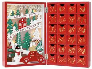 PIONEER-EFFORT Christmas Wooden Advent Calendar Book with Drawers for Adults Kids Christmas Countdown Decoration with LED Lighting (Red-001