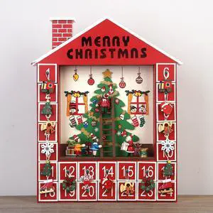 PIONEER-EFFORT Christmas Wooden Advent Calendar House with 24 Drawers for Kids and Adults Christmas Scene 12.2'' x 2.1'' x 14.9''H