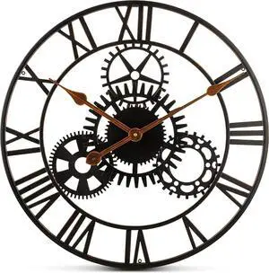 20" Open Face Analog Clock, Antique, Industrial, Farmhouse, Rustic, Country, Vintage, Steampunk, Mid Century, Modern, Gears, Oversized, Roman Numerals
