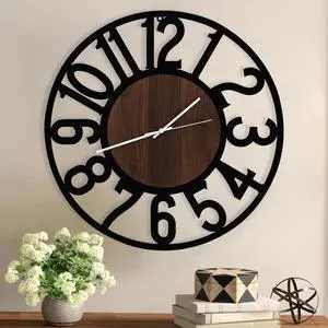 24" Round Art Deco Silent Quartz Analog Battery Powered Farmhouse Clock, Easy to Read, Easy to Hang