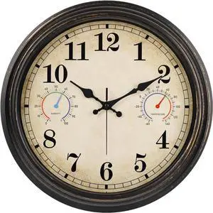 16" Round Analog Battery Powered Outdoor Clock with Temperature and Humidity Display