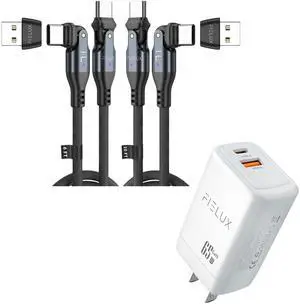 FIELUX 240W USB C to USB C Cable [2 Pack 6FT/10FT + USB A Adapter] + 65W Dual Port USB A & USB C Wall Charger (White)