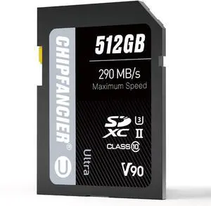 CHIPFANCIER 512GB V90 SD Card SDXC UHS-II V90 Memory Card R290MB/s W290MB/s C10 U3 V90 Full-HD & 8K Video for Professional Photographers & Content Creators DSLR Mirrorless Cameras Black