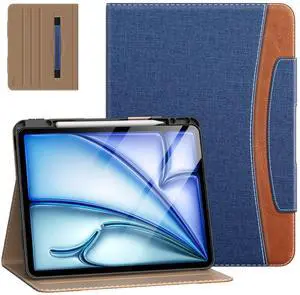 MoKo Case for iPad Air 13 Inch (M3 2025/M2 2024) & iPad Pro 12.9 2022/2021 with Pencil Holder, Premium Leather Folio Stand Cover for iPad Air 13 Inch/iPad Pro 12.9 Inch 6th/5th Gen,Denim Blue & Brown