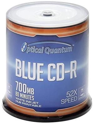 Optical Quantum Blue AZO CD-R 700MB 52X White Inkjet Hub Printable Blank Recordable Media Discs - 100pk Spindle for Music, Data, and Photo Storage