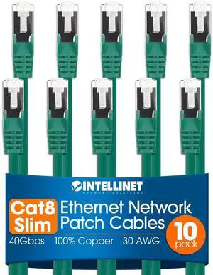 Intellinet Slim Cat8 Ethernet Network Patch Cable - 10-Pack - 40Gbps & 2000MHz, Snagless Boot, 30AWG Pure Bare Copper Wire, Gold-Plated Contacts, Lifetime Mfg Warranty - 0.5ft, 10 Pack, Green