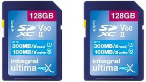 Integral 128GB 2-Pack UHS-II SD Card V60 Up to 300MBs Read and 100MBs Write Speed 1733X SDXC Professional High Speed Memory Card
