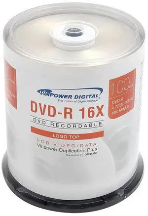 Vinpower Digital DVD-R 4.7GB 16x Branded Logo Recordable Media Disc - 100 Disc Cake Box Spindle FFP 132-815-BX