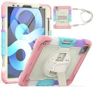 Dteck for iPad Air 5 Case 2022/iPad Air 4 10.9 Case 2020/iPad Pro 11 Inch Case,Shoulder Strap Hand Strap Pencil Holder Shockproof Protective Kickstand Kids Case for Boys Girls, Colorful Pink