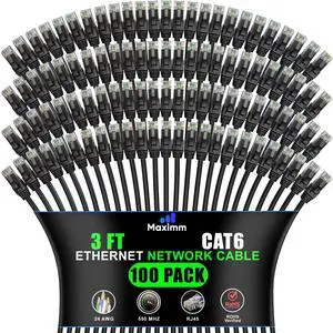 Maximm Cat 6 Ethernet Cable 3 ft (100-Pack) - High-Speed LAN Cable, Internet Cable, Patch Cable, and Network Cable - UTP, 10Gbps, 550MHz Ethernet Cord - Black