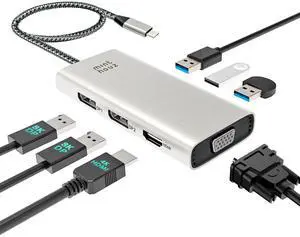 Minthouz USB-C Docking Station 7-in-1 Quad Display Laptop Multiport Adapter, 4K HDMI, Dual 8K DP, VGA, 3xUSB2.0 Ports & USB Dongle for MacBook Pro/Air, iPad Pro, iMac, iPhone 16 Pro/Pro Max, ThinkPad