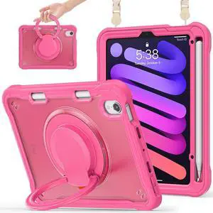 Miimall Case for Mini 7 A17 Pro, iPad Mini 6th/7th Gen 2021/2024 8.3-Inch, 360deg Rotating Stand, Shockproof/Pencil Holder/180deg Folding Handle Shell Protective Cover for Kids iPad Mini 6/7(Rose Red)