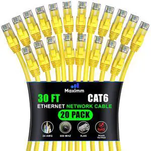 Maximm Cat 6 Ethernet Cable 30 ft (20-Pack) - High-Speed LAN Cable, Internet Cable, Patch Cable, and Network Cable - UTP, 10Gbps, 550MHz Ethernet Cord - Yellow