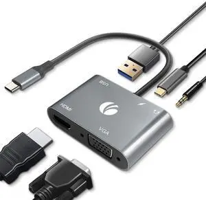 VCOM USB C to HDMI VAG Adapter, 5-in-1 USB C Hub with 100W Power Delivery, 4K HDMI, 1080P VGA, USB 3.0 Port, OTG Adapter Compatible with MacBook Air, iPad Pro, Dell XPS, Surface Pro (Grey)