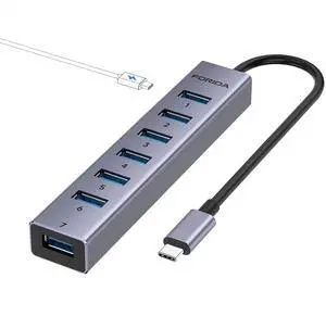 FORIDA USB C to USB Hub, 8 Ports USB 3.0 Adapter with 7 USB 3.0 Data Ports, Aluminum Alloy Shell USB Splitter with USB C 5V/3A Power Port for Laptop PC and More