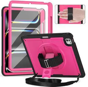 Timecity Case for iPad Pro 13 Inch M4 2024 7th Generation(Model: A2925, A2926, A3007) with Screen Protector, 360deg Rotating Kickstand, Shoulder Strap, Supports Pencil Wireless Charging, Rose