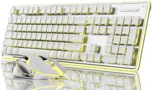 SEUNKWANG EWEADN V3 Wireless Keyboard and Mouse with Yellow Backlit, Metal Panel, Bluetooth/2.4G Rechargeable Computer Keyboard and Mouse Combo Silent Light up Full Size Cute Keyboards-White