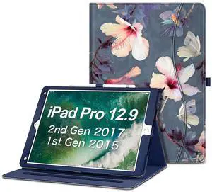 Fintie Multi-Angle Case, 2017/2015 iPad Pro 12.9 inch (Old Model) 1st & 2nd Gen Case - [Corner Protection] Folio Stand Cover with Pencil Holder & Pocket, Auto Wake/Sleep, Blooming Hibiscus