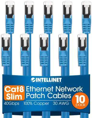 Intellinet Slim Cat8 Ethernet Network Patch Cable - 10-Pack - 40Gbps & 2000MHz, Snagless Boot, 30AWG Pure Bare Copper Wire, Gold-Plated Contacts, Lifetime Mfg Warranty - 0.5ft, 10 Pack, Blue