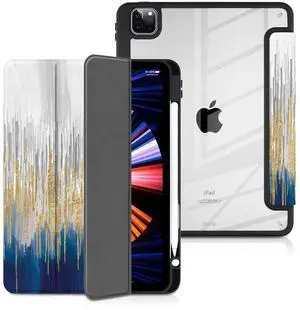 Batianda Case for iPad Air 13-inch 2024 iPad Pro 12.9-inch 2022 6th M2 / iPad Pro 12.9" 5th/4th/3rd [Built-in Pencil Holder] Shockproof Cover with Clear Transparent Back Shell TPU Bumper,Gold Blue