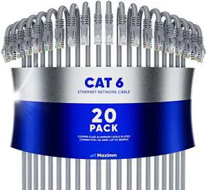 Maximm Cat 6 Ethernet Cable 1.5 ft (20-Pack) - High-Speed LAN Cable, Internet Cable, Patch Cable, and Network Cable - UTP, 10Gbps, 550MHz Ethernet Cord - Gray