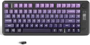 FREEWOLF M75 Wireless Membrane Gaming Keyboard Mechanical Feel with Knob & OLED Display Bluetooth/2.4Ghz Rainbow Backlit Gradient PBT Keycaps 2000mAH Battery Anti-Ghosting-Purple