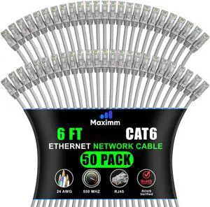 Maximm Cat 6 Ethernet Cable - 6 ft (50-Pack) - High-Speed LAN, Internet, Patch, Network Cable - UTP, 10Gbps, 550MHz Ethernet Cord - Gray