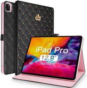Topwin Cute Crown Case for iPad Pro 12.9-inch (6th,5th, 4th & 3rd Gen),Bling Diamond PU Leather Smart Auto Sleep/Wake Kickstand Shockproof Flip Case for 12.9 Pro Case 2022/2021/2020/2018 (Black)