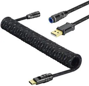 MANBASNAKE C05 Custom Coiled Cable,Double-Sleeved Aviator Cable with CNC Copper,USB C to USB A Cable with Detachable Aviator Connector for Mechanical Gaming Keyboards/PC/Phone., 5.2ft-Black