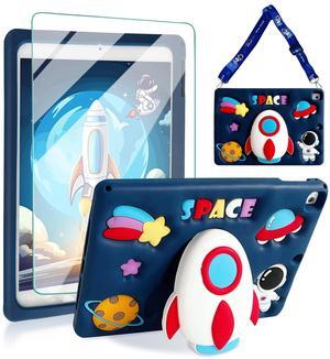 for iPad 9th Generation Case iPad 10.2 Case for Kids with Screen Protector, Kickstand, Shoulder Strap Cute Rocket Stand Silicone Protective Cover for iPad 9th 8th 7th Gen 2021 2020 2019, Blue