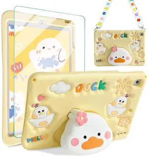 for iPad 9th 8th 7th Generation Case iPad 10.2 Case with Screen Protector Shoulder Strap Cute Duck Case Stand Kickstand Cartoon Silicone Cover Girls Kids for iPad 9th/8th/7th Gen 10.2''(Yellow)