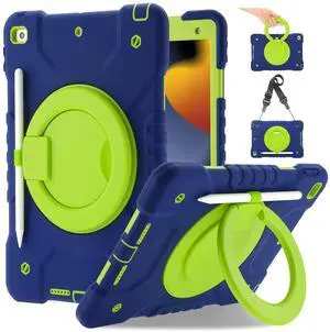 Andnary Case for iPad 9th/8th/7th Generation 10.2 inch, Heavy Duty Shockproof Cover with 360deg Rotating Handle/Bracket/Pen Holder/Shoulder Strap, Kid Case for iPad 2021/2020/2019, Navy+Green