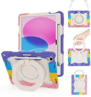 ACEMO for iPad (A16) 11th Generation Case 2025/ iPad 10th Generation Case 2022 10.9 inch with Pencil Holder, 360deg Rotating Kickstand Handle, Shoulder Strap for Kids Girls Protective Cover, Pink
